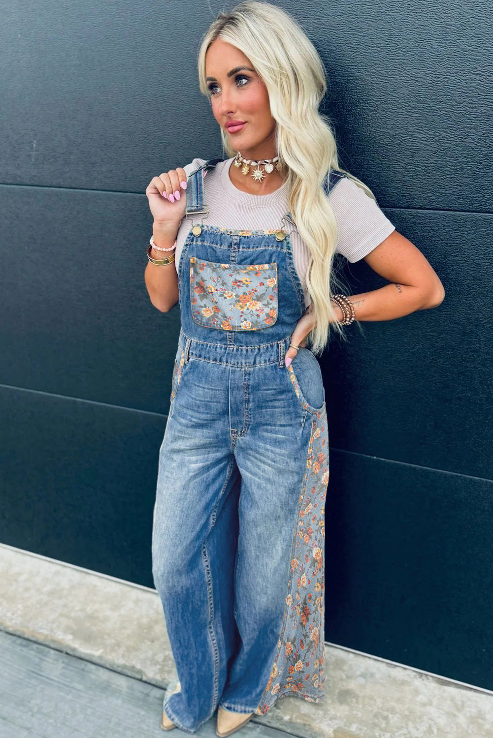 Peacock Blue Floral Patchwork Bib Denim Wide Leg Overalls