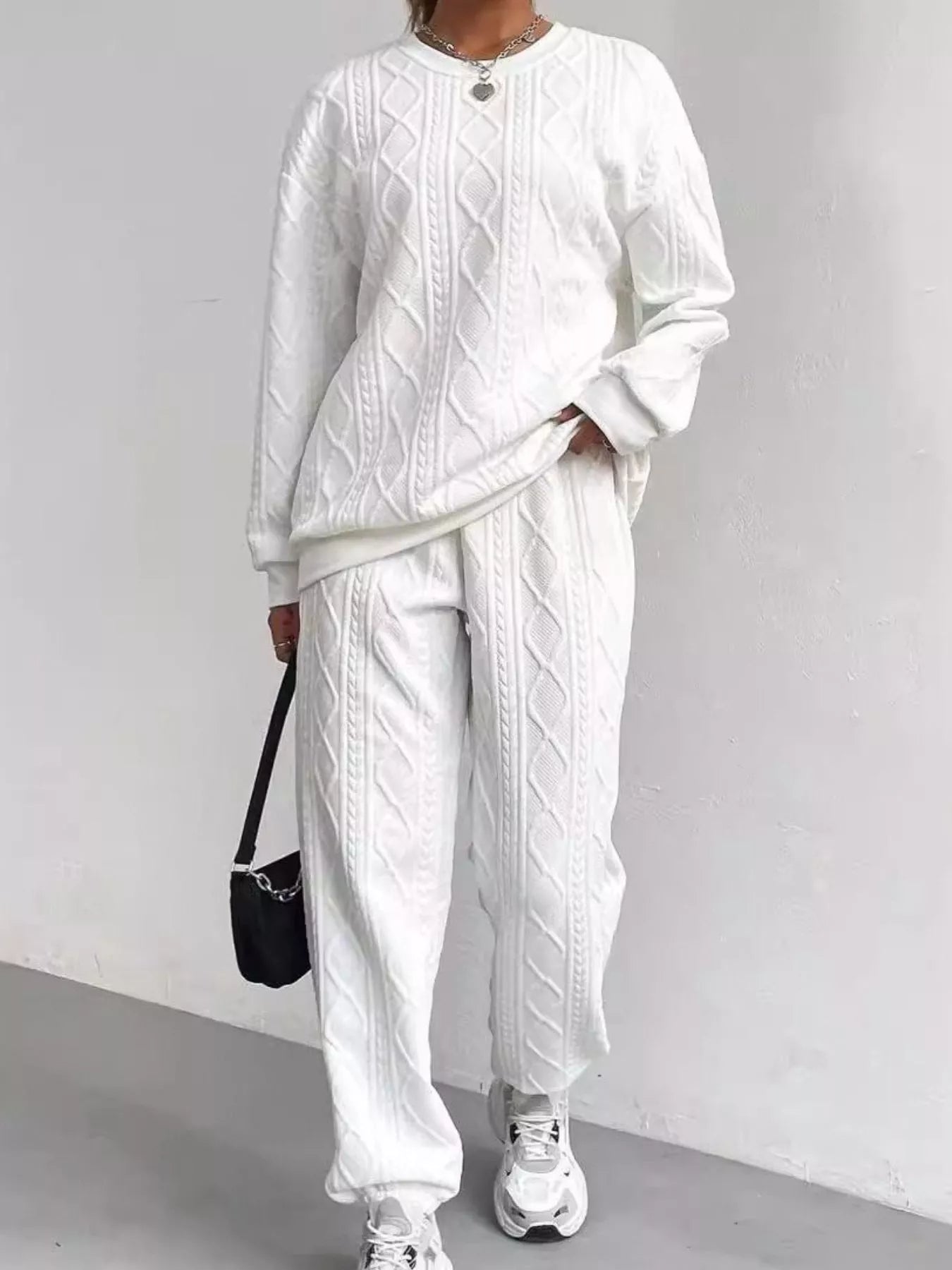 Texture Round Neck Top and Pants Set
