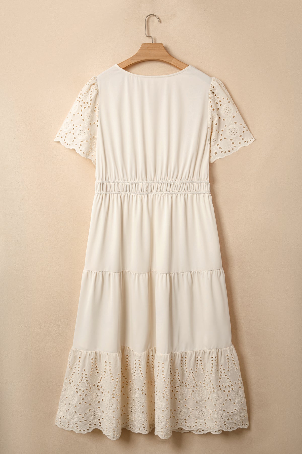 Apricot Plus Size V Neck Lacy Embroidery Patchwork Short Sleeve Maxi Dress