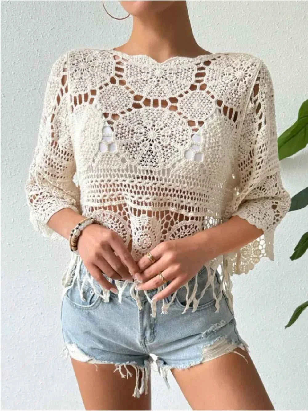 Cream Crochet Fringe Three-Quarter Sleeve Round Neck Cover-Up