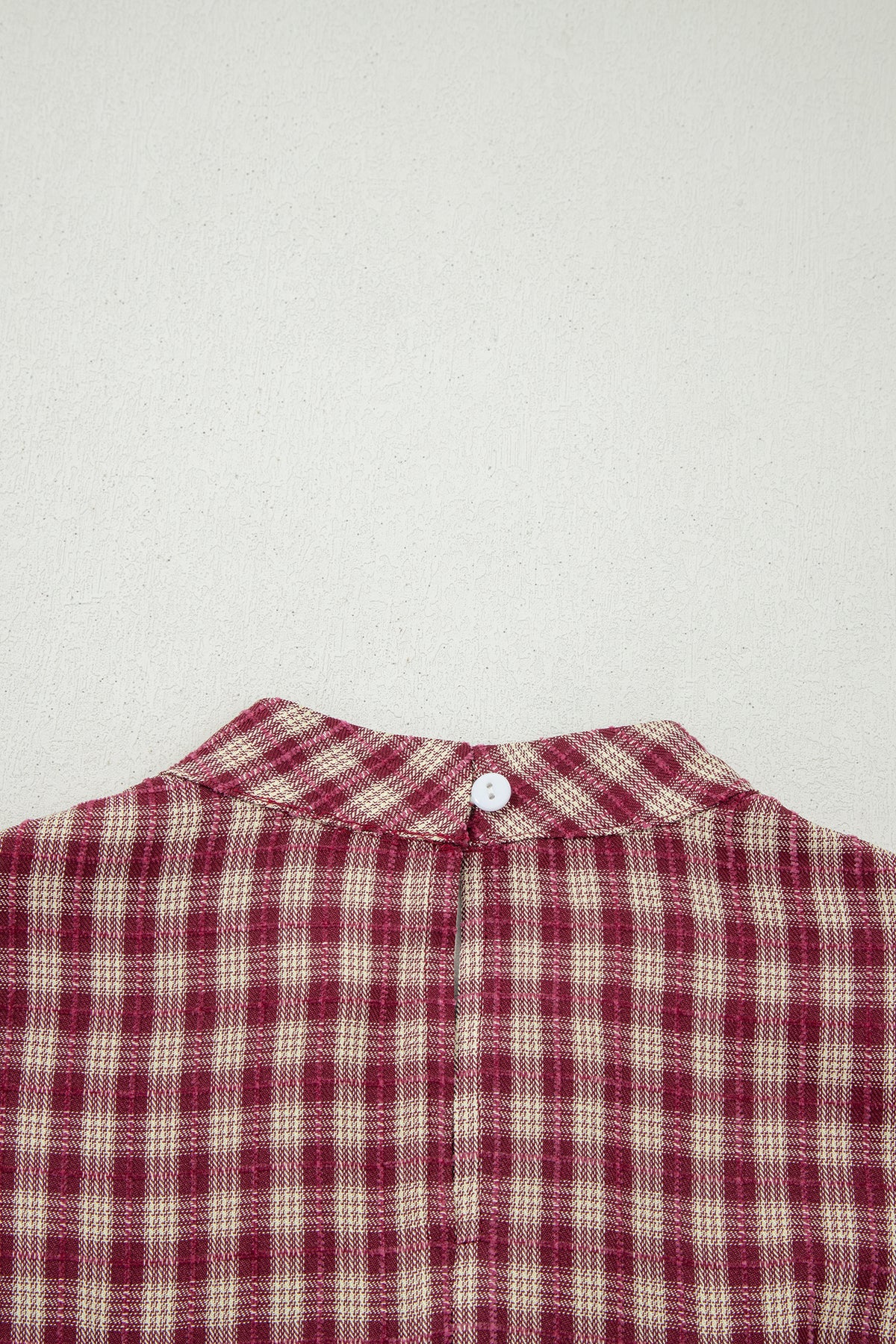 Coral Country Plaid Long Sleeve Button Keyhole Pleated Loose Blouse