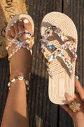 Beige Boho Printed Woven Caged Flip Flops Summer Slippers