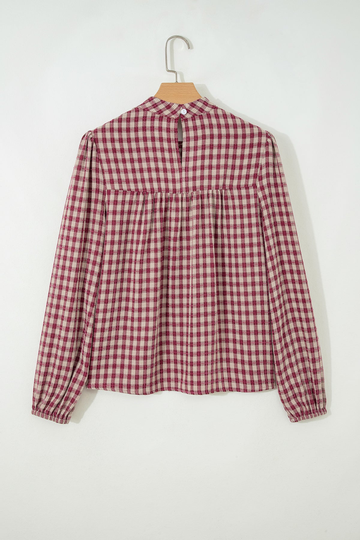 Coral Country Plaid Long Sleeve Button Keyhole Pleated Loose Blouse