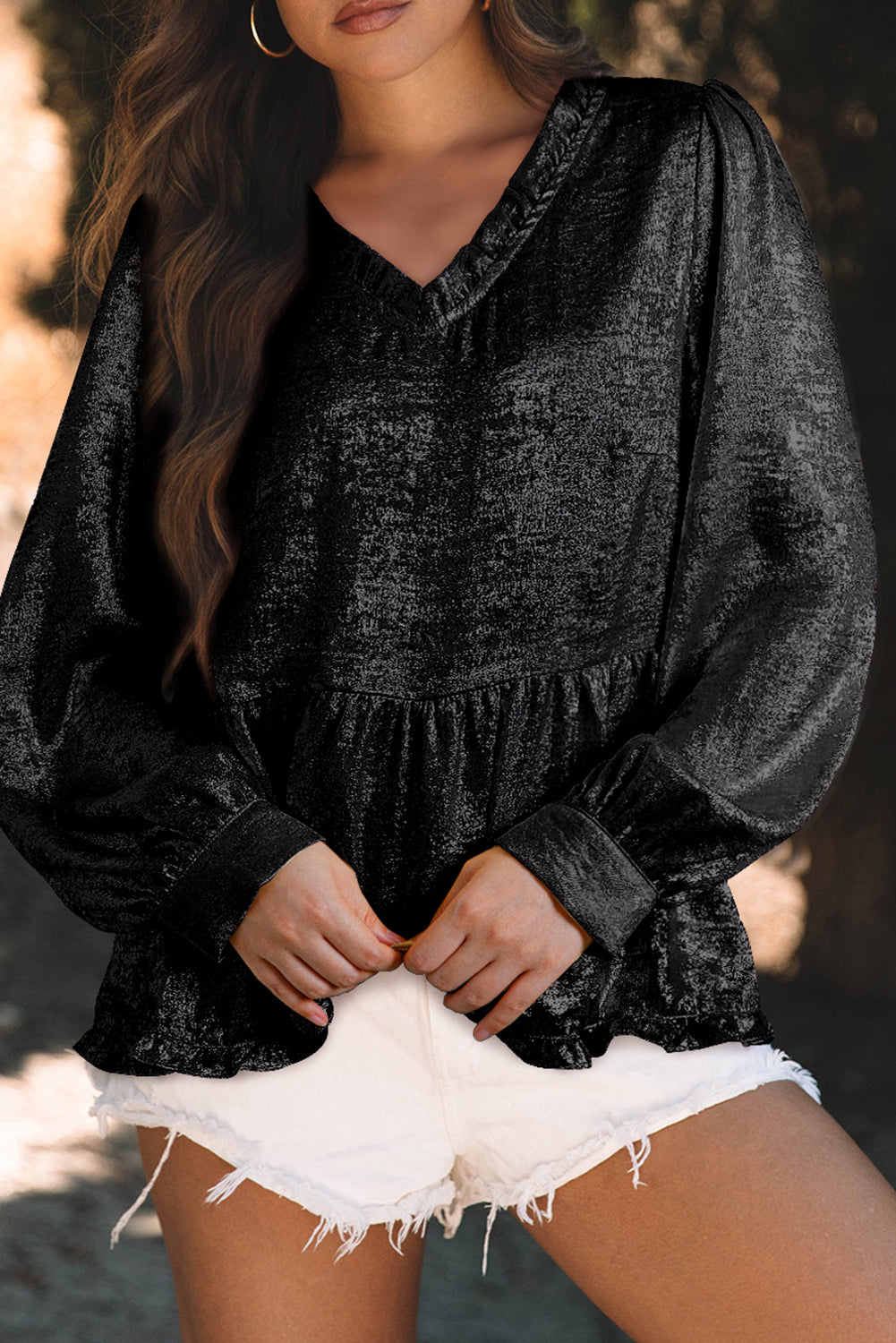 Dearlovers Gold Metallic Frilled V Neck Puff Sleeve Babydoll Blouse