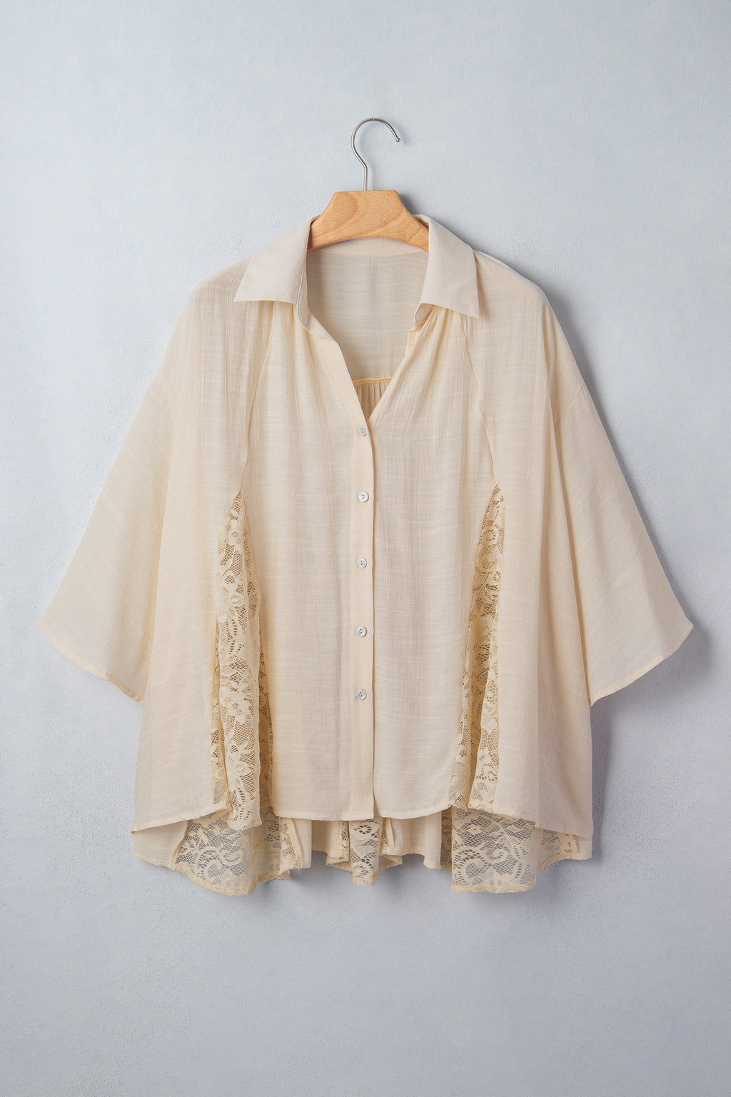 Oatmeal Sheer Lace Splicing Detail Bracelet Sleeve Loose Flowy Shirt