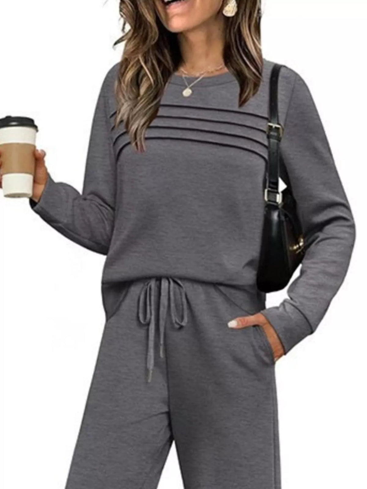 Full Size Long Sleeve Round Neck Top and Pants Set Plus Size