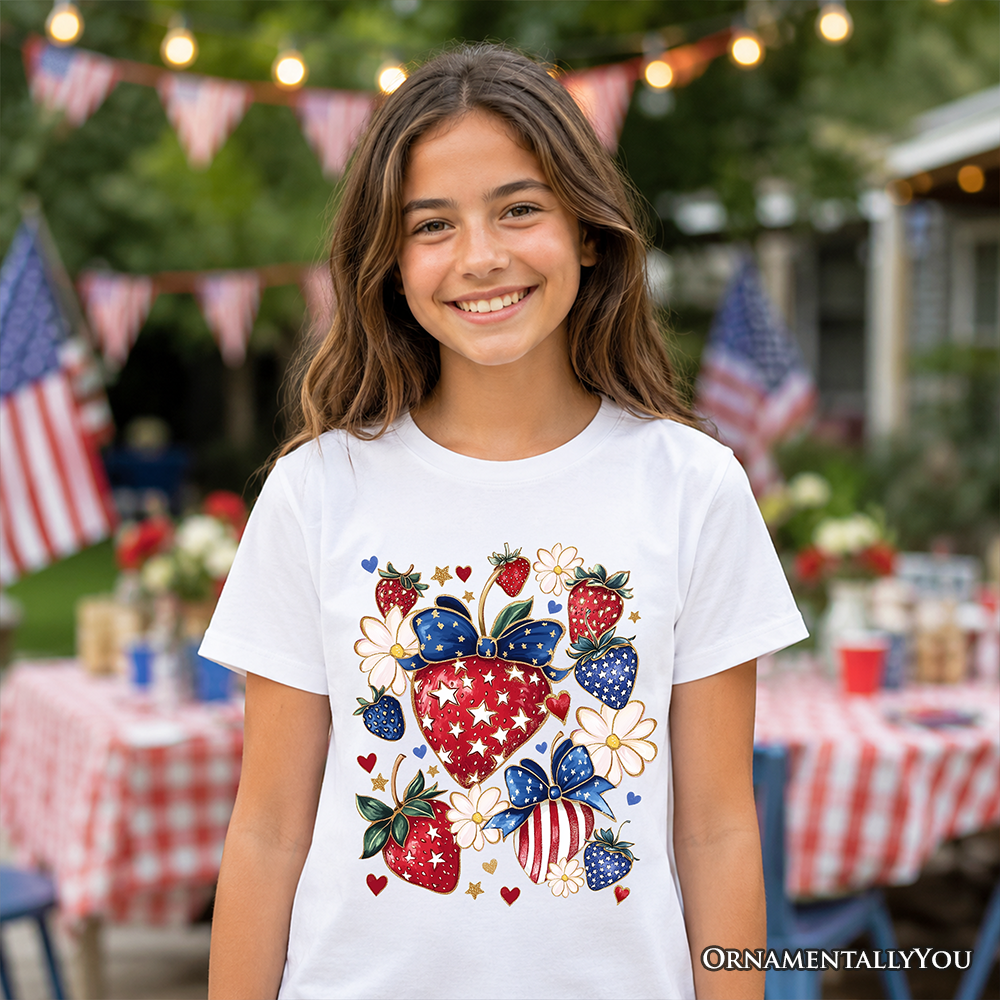 Kids Patriotic Boho Strawberries Bouquet T-Shirt, Youth 4th of July Festive Patch Tee