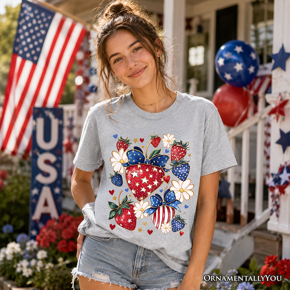 Kids Patriotic Boho Strawberries Bouquet T-Shirt, Youth 4th of July Festive Patch Tee