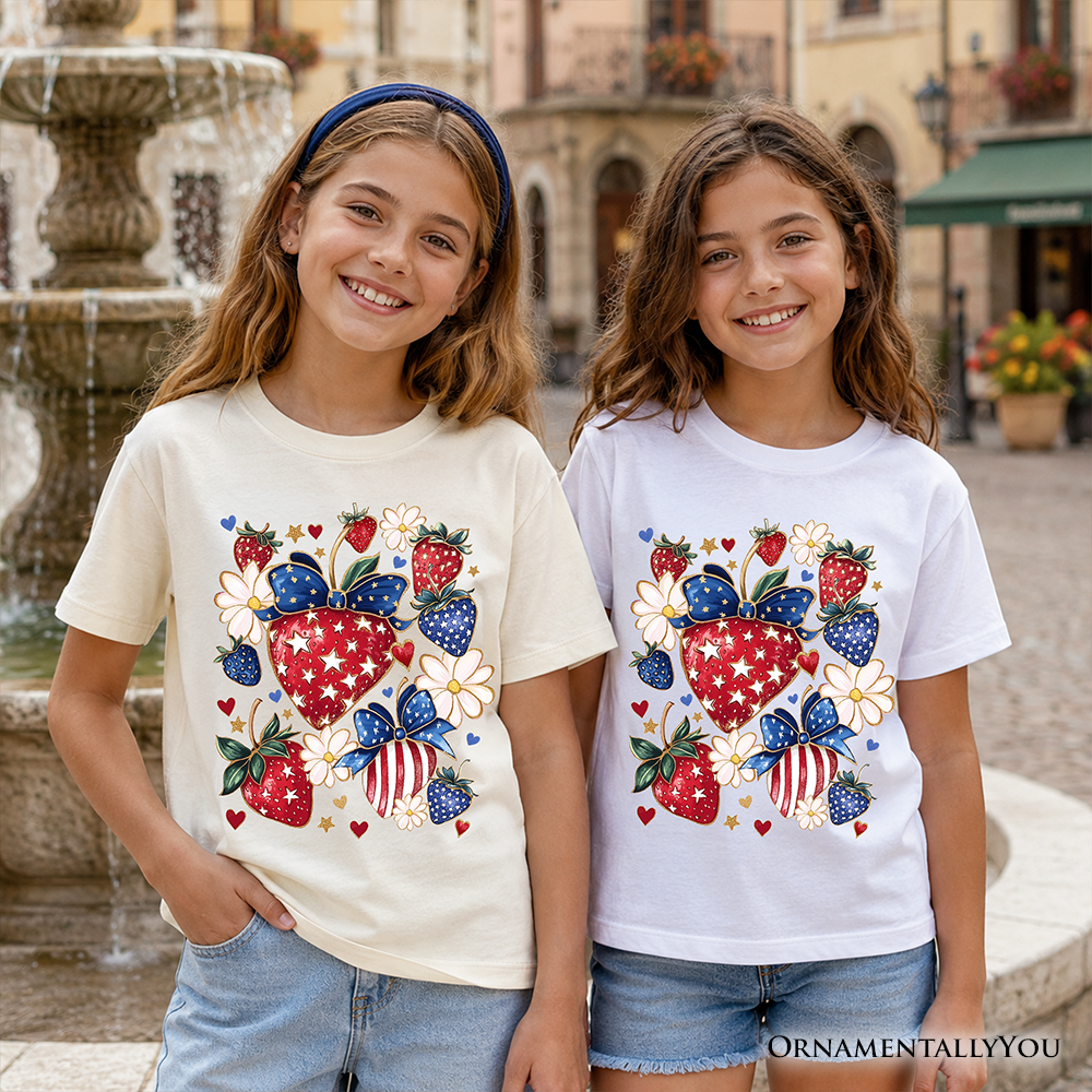 Kids Patriotic Boho Strawberries Bouquet T-Shirt, Youth 4th of July Festive Patch Tee