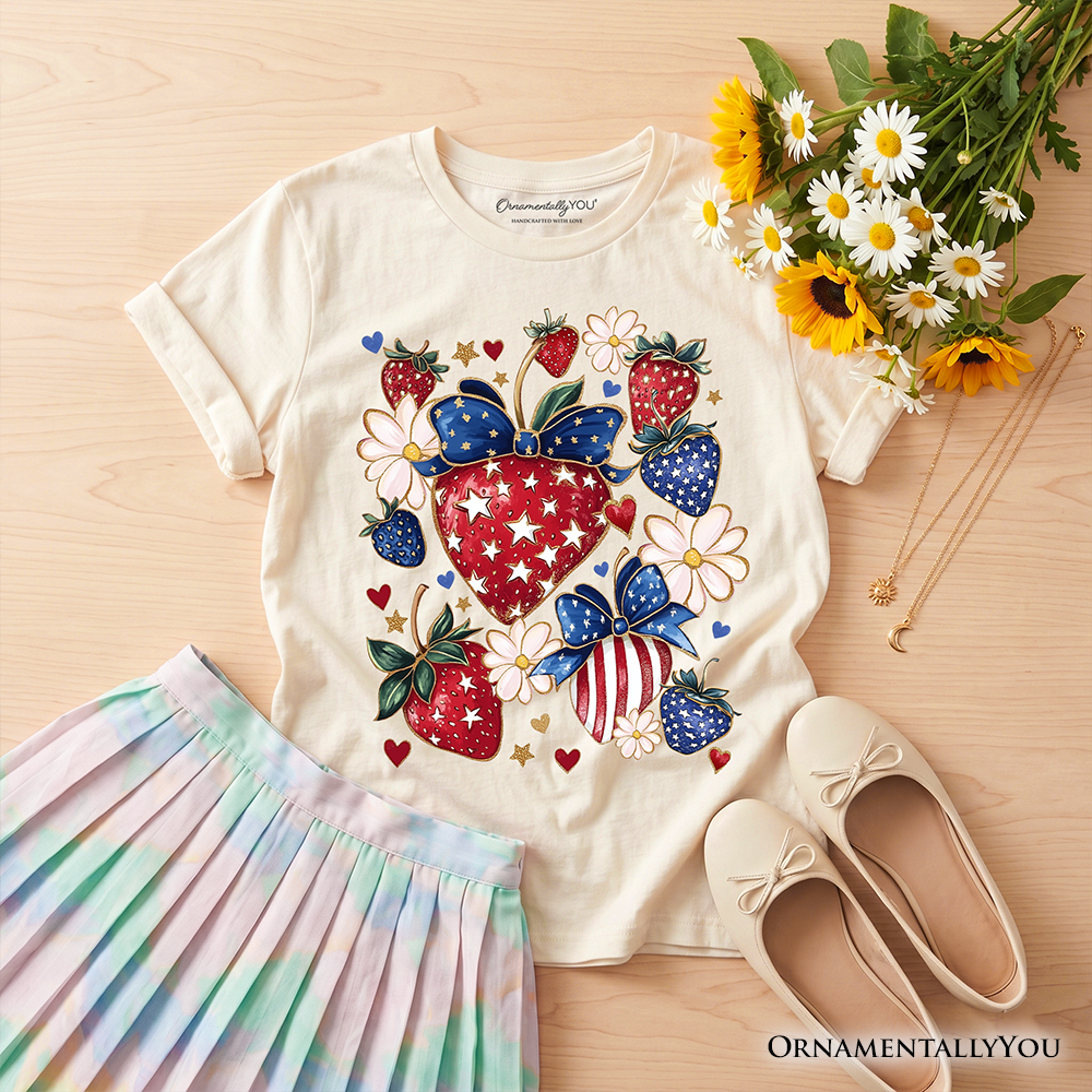 Kids Patriotic Boho Strawberries Bouquet T-Shirt, Youth 4th of July Festive Patch Tee