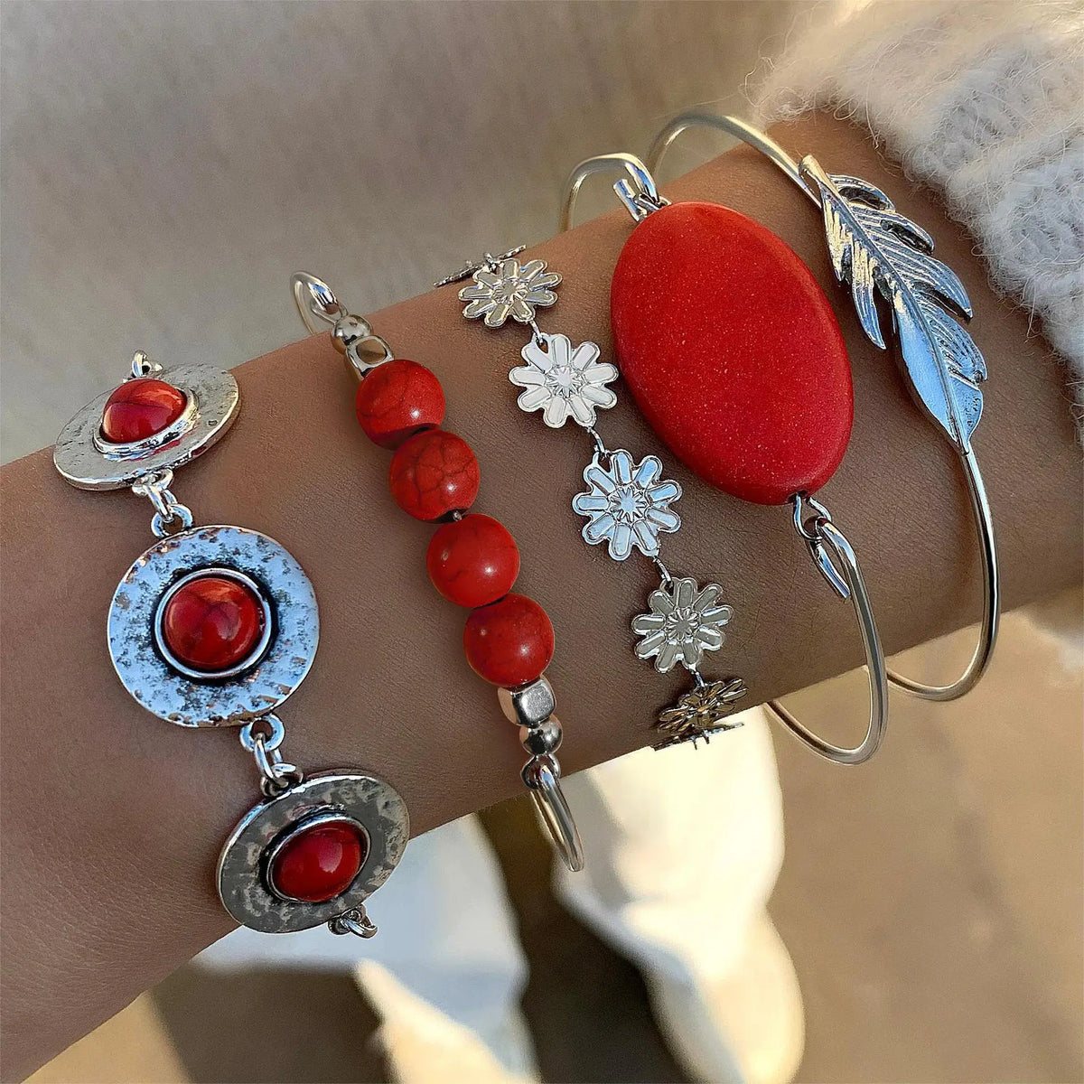 KMVEXO 5Pcs/Set Vintage Bohemian Turquoise Inlaid Bracelets Women Ethnic Style Flower Feather Cuff Bracelet Bangles Boho Jewelry