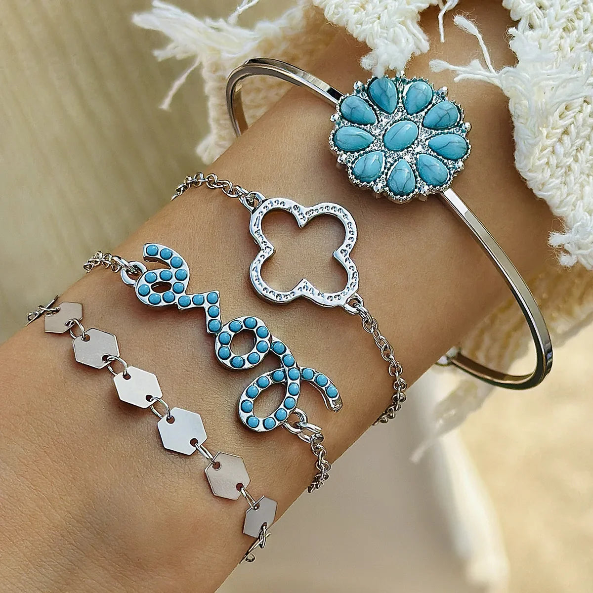 KMVEXO 5Pcs/Set Vintage Bohemian Turquoise Inlaid Bracelets Women Ethnic Style Flower Feather Cuff Bracelet Bangles Boho Jewelry