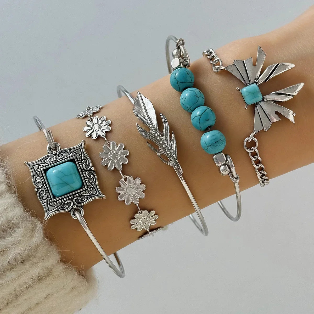 KMVEXO 5Pcs/Set Vintage Bohemian Turquoise Inlaid Bracelets Women Ethnic Style Flower Feather Cuff Bracelet Bangles Boho Jewelry