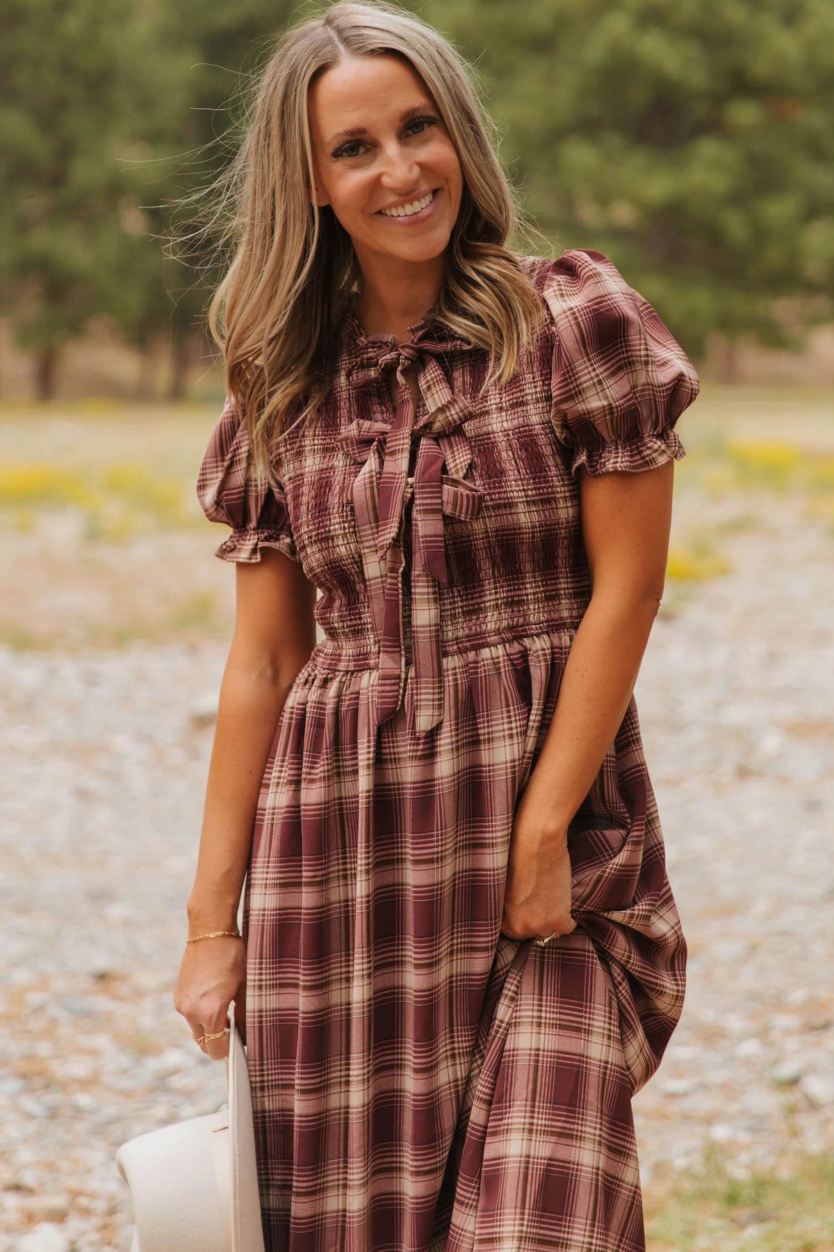 Red Vintage Plaid Knot Front Smocked High Waist Midi Dress