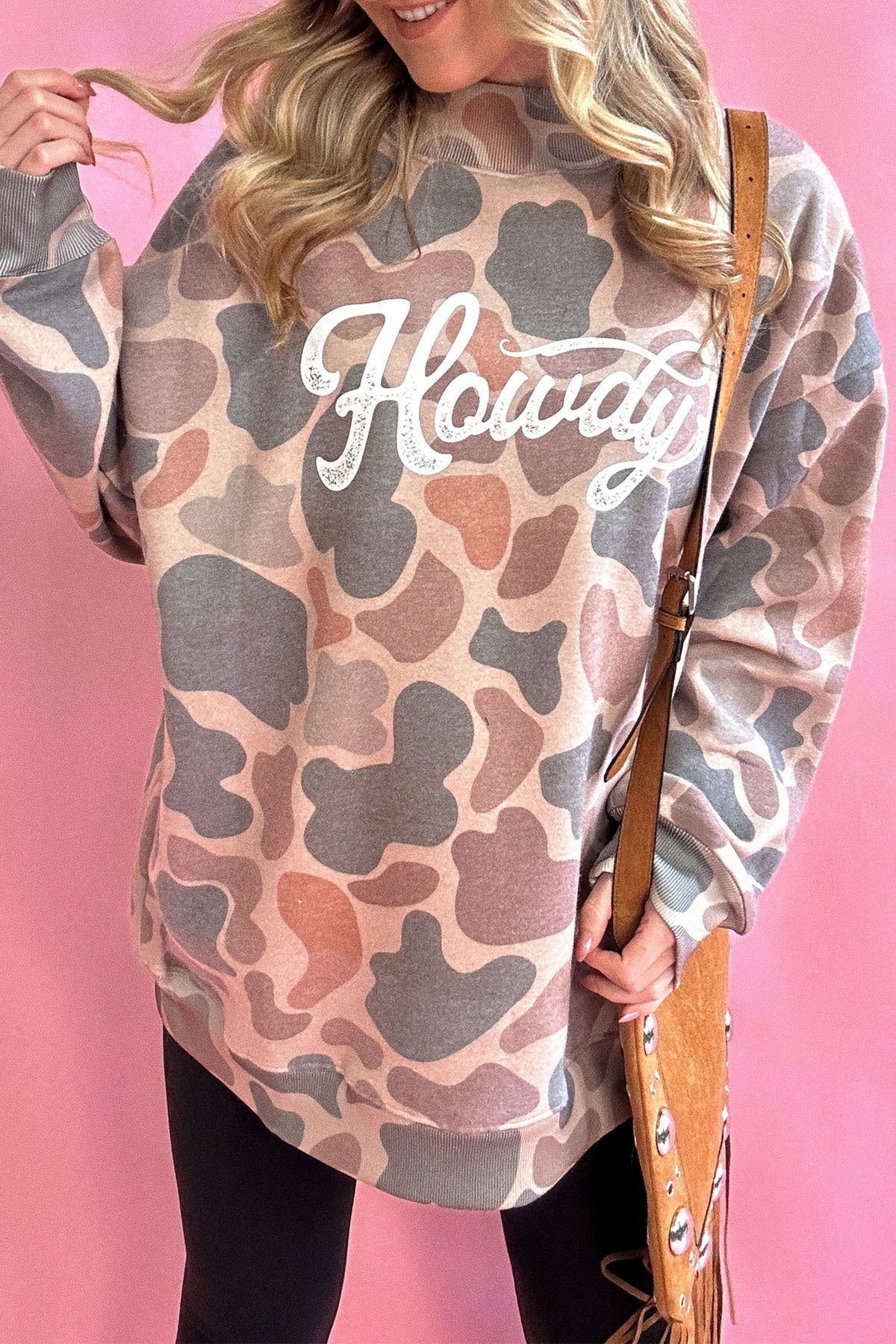 Multicolour Camo Print Howdy Western Style Baggy Pullover Sweatshirt