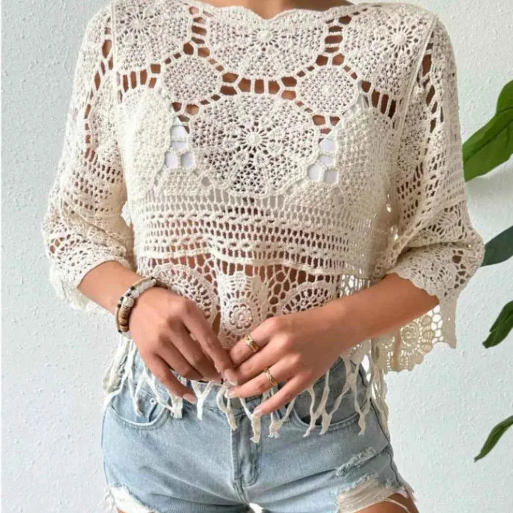 Cream Crochet Fringe Three-Quarter Sleeve Round Neck Cover-Up