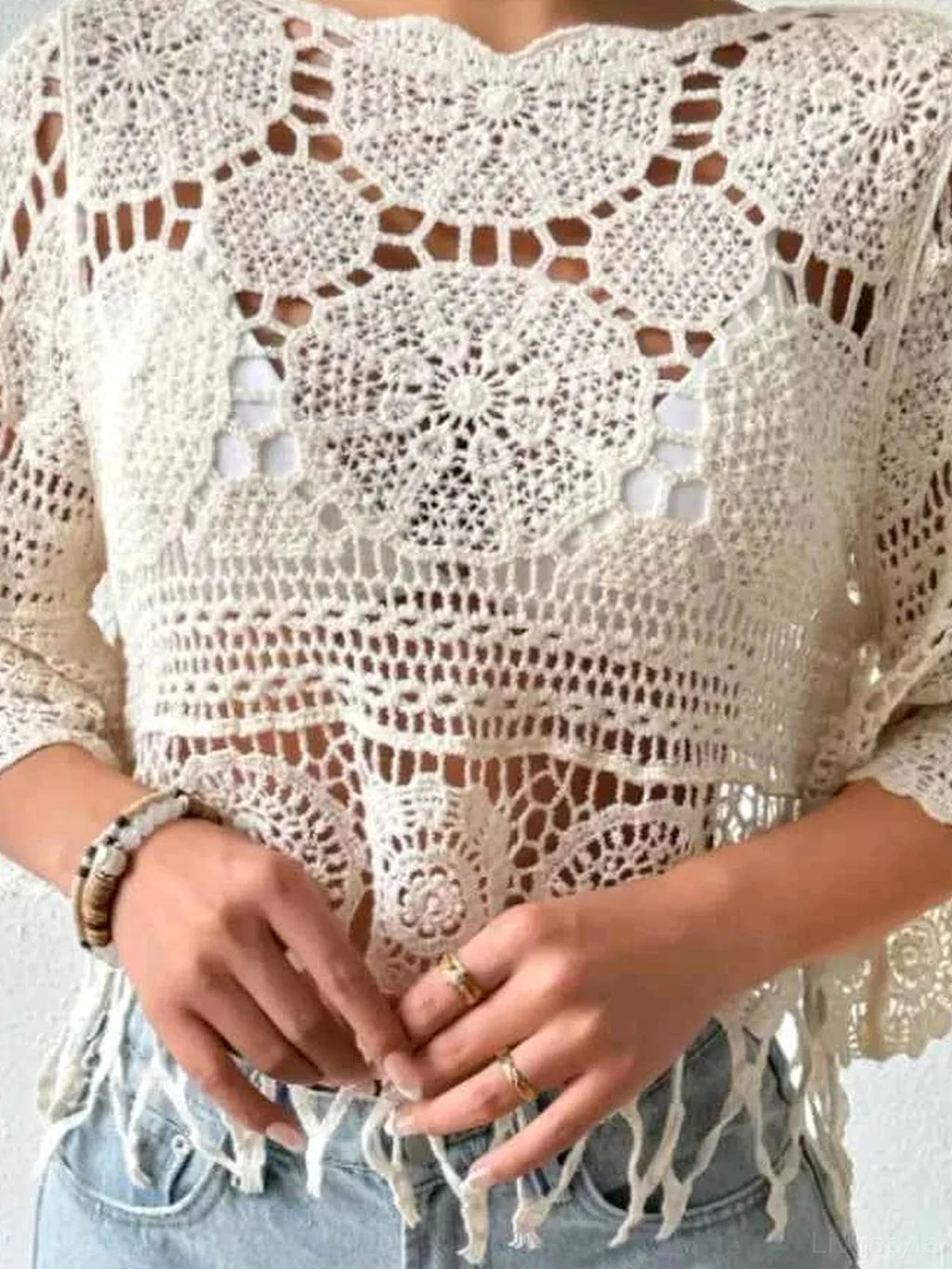 Cream Crochet Fringe Three-Quarter Sleeve Round Neck Cover-Up