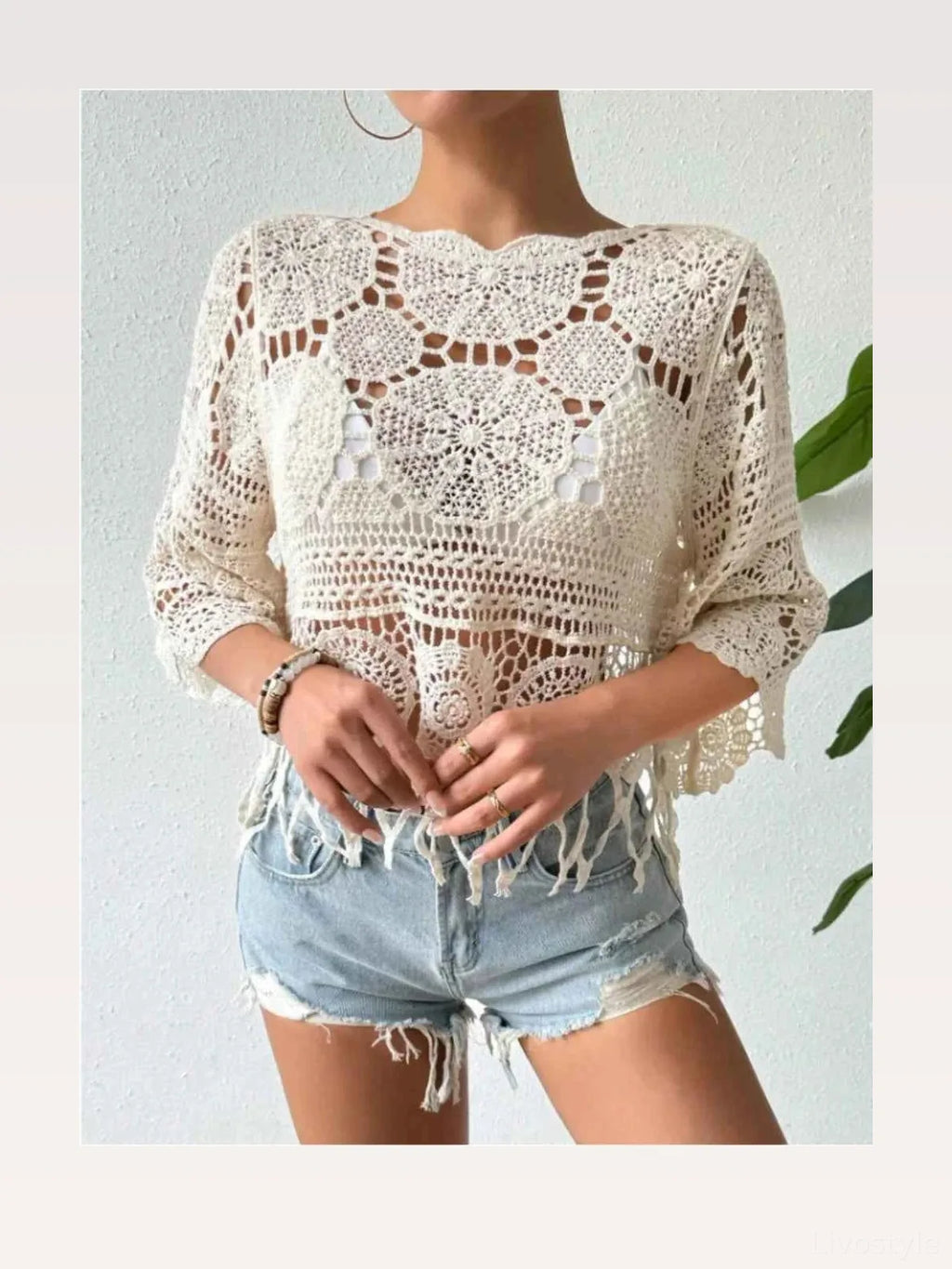 Cream Crochet Fringe Three-Quarter Sleeve Round Neck Cover-Up
